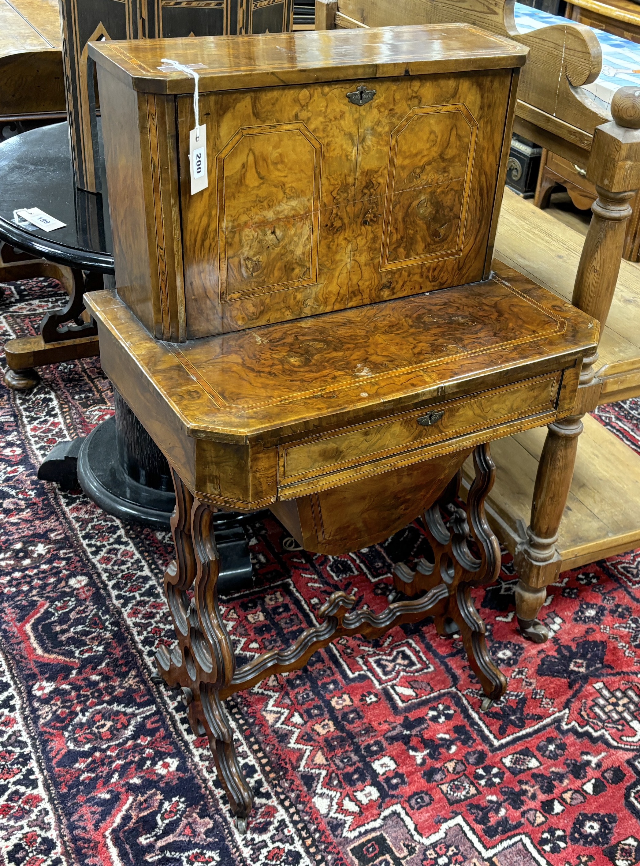 A Victorian banded walnut bonheur du jour, width 60cm, depth 39cm, height 102cm